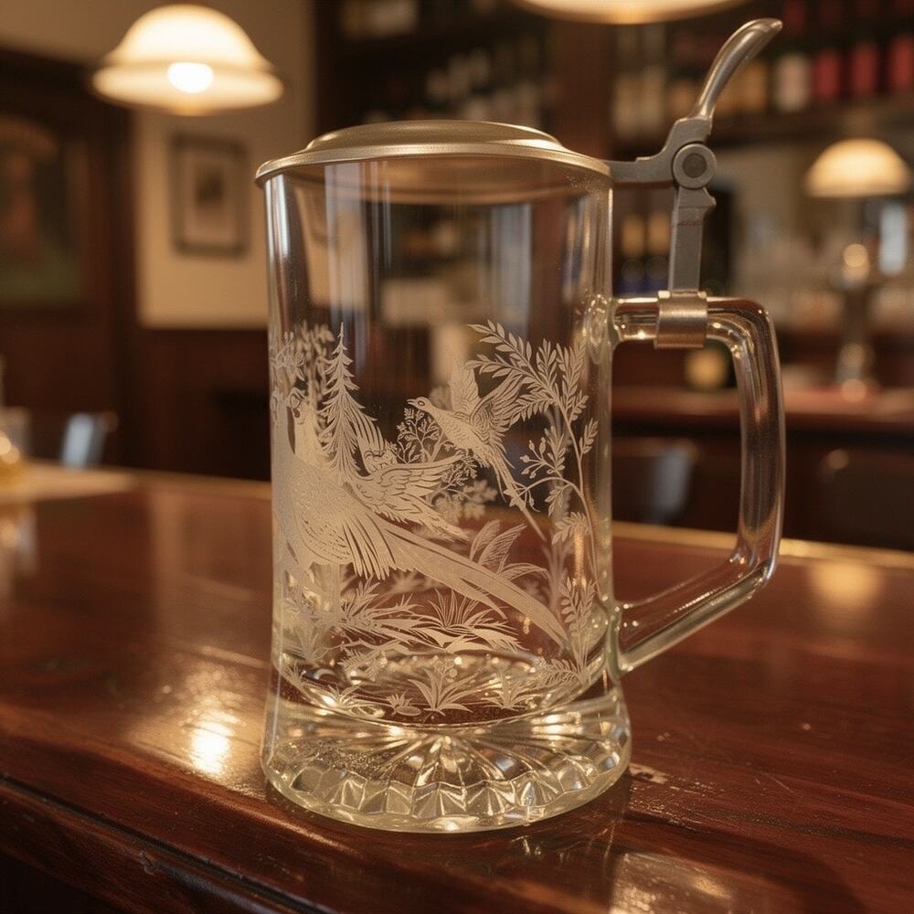 ALWE etched glass stein, pewter lid, pheasant scene, W. Germany, heavy cut glass
